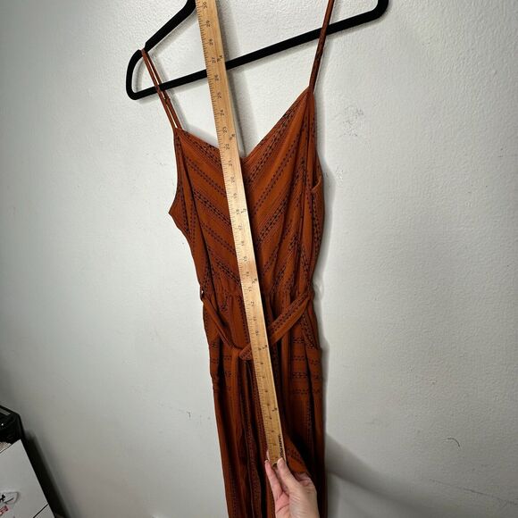 E & M Rust & Black Aztec Print V-Neck Spaghetti Strap Pockets Tie Waist Jumpsuit - Picture 16 of 16